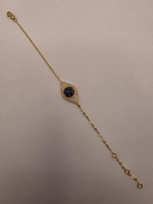 14K Yellow Gold Evil Eye Bracelet, 0.54 CT Blue Sapphire & 0.38 CT Natural Diamond, 7 Inch Fine Jewelry