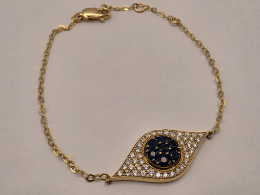 14K Yellow Gold Evil Eye Bracelet, 0.54 CT Blue Sapphire & 0.38 CT Natural Diamond, 7 Inch Fine Jewelry