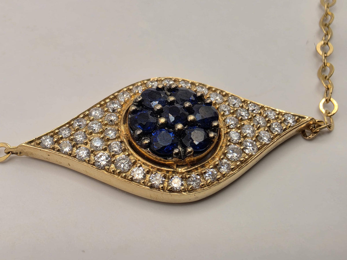 14K Yellow Gold Evil Eye Bracelet, 0.54 CT Blue Sapphire & 0.38 CT Natural Diamond, 7 Inch Fine Jewelry