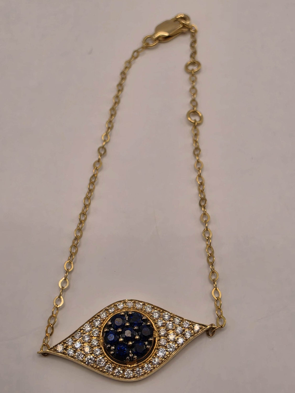 14K Yellow Gold Evil Eye Bracelet, 0.54 CT Blue Sapphire & 0.38 CT Natural Diamond, 7 Inch Fine Jewelry