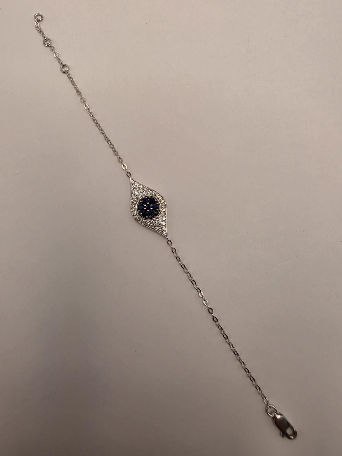14K White Gold Evil Eye Bracelet, Blue Sapphire & Lab-Grown Diamond Pavé, Adjustable 7 Inch Fine Jewelry