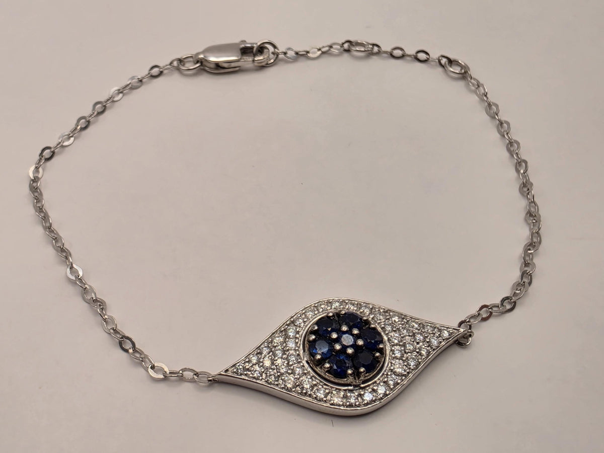 14K White Gold Evil Eye Bracelet, Blue Sapphire & Lab-Grown Diamond Pavé, Adjustable 7 Inch Fine Jewelry