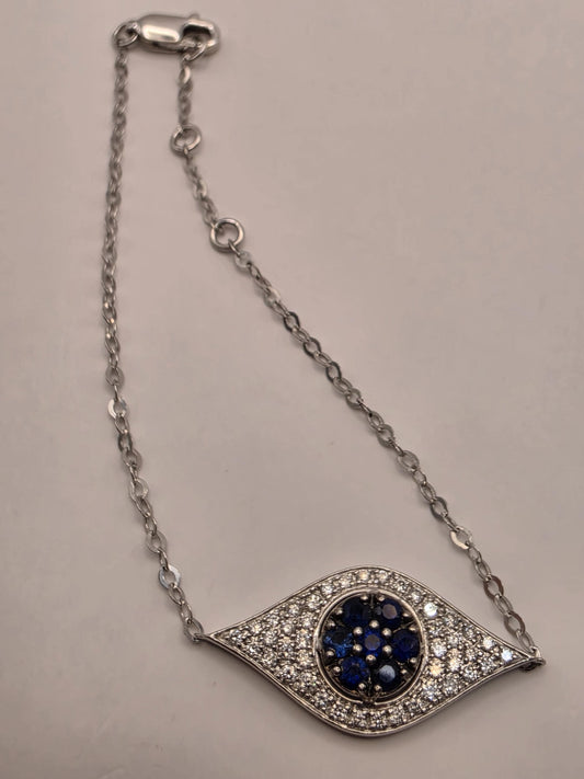 14K White Gold Evil Eye Bracelet, Blue Sapphire & Lab-Grown Diamond Pavé, Adjustable 7 Inch Fine Jewelry
