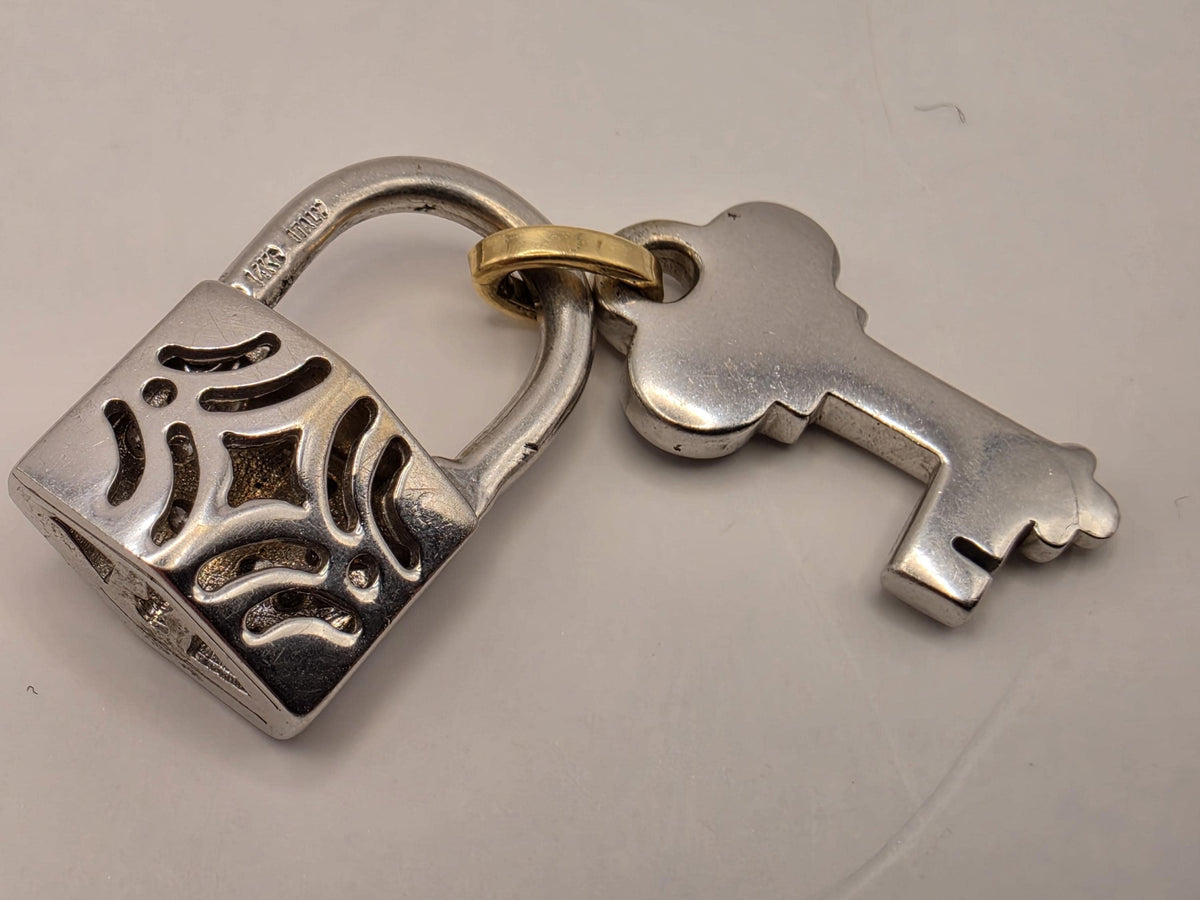 14K White & Yellow Gold Lock and Key Pendant, Lab-Grown Diamond Pavé, 5.7g Mixed Metal Fine Jewelry Charm