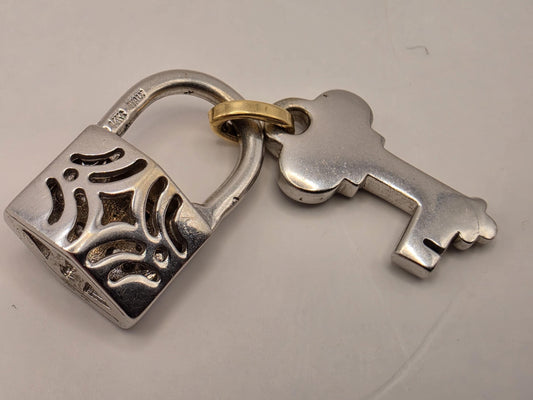 14K White & Yellow Gold Lock and Key Pendant, Lab-Grown Diamond Pavé, 5.7g Mixed Metal Fine Jewelry Charm