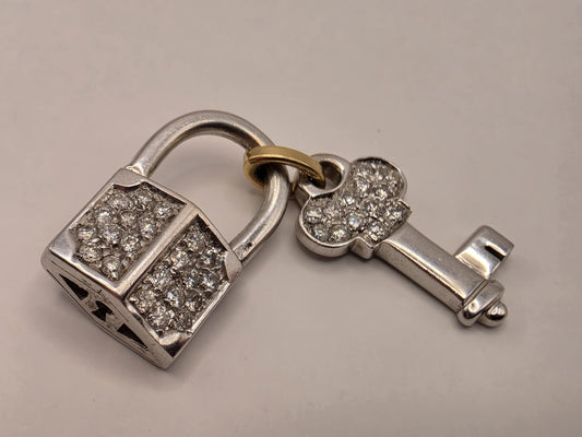 14K White & Yellow Gold Lock and Key Pendant, Lab-Grown Diamond Pavé, 5.7g Mixed Metal Fine Jewelry Charm