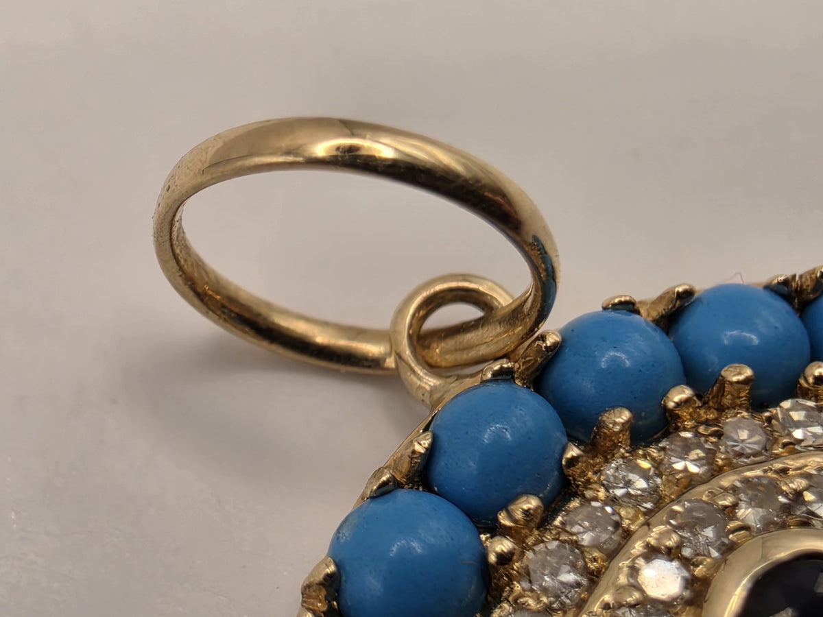 14K Yellow Gold Evil Eye Pendant, 1.29 CT Turquoise, Blue Sapphire & Diamond, 2.4g Fine Jewelry Charm