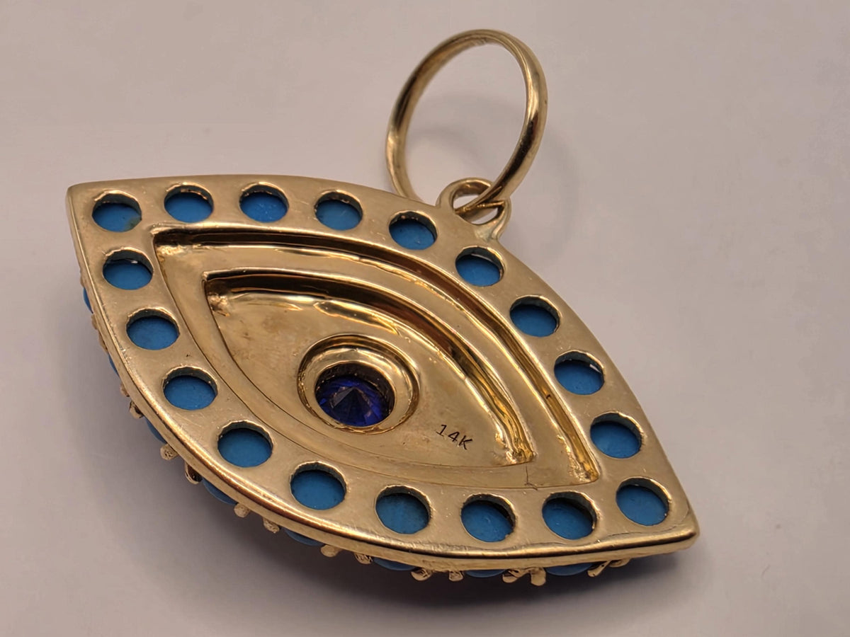 14K Yellow Gold Evil Eye Pendant, 1.29 CT Turquoise, Blue Sapphire & Diamond, 2.4g Fine Jewelry Charm
