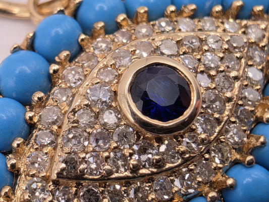 14K Yellow Gold Evil Eye Pendant, 1.29 CT Turquoise, Blue Sapphire & Diamond, 2.4g Fine Jewelry Charm