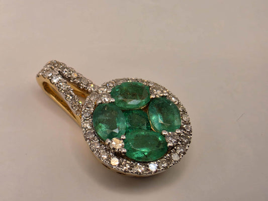 14K Yellow Gold Natural Emerald Cluster Pendant, Lab-Grown Diamond Halo, 1.4g Fine Jewelry Charm