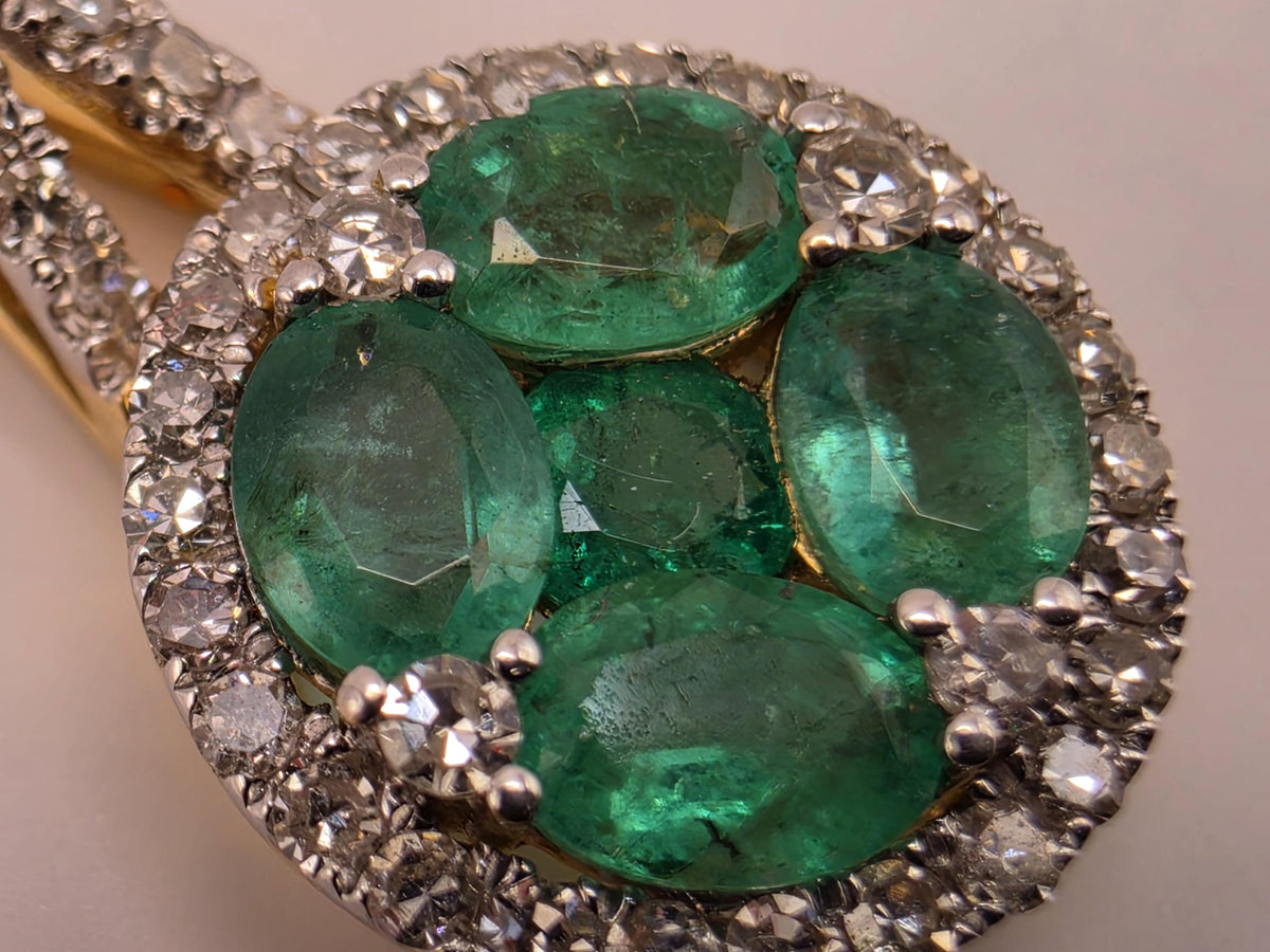 14K Yellow Gold Natural Emerald Cluster Pendant, Lab-Grown Diamond Halo, 1.4g Fine Jewelry Charm