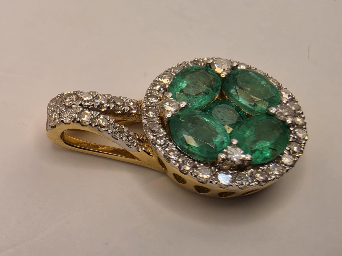 14K Yellow Gold Natural Emerald Cluster Pendant, Lab-Grown Diamond Halo, 1.4g Fine Jewelry Charm