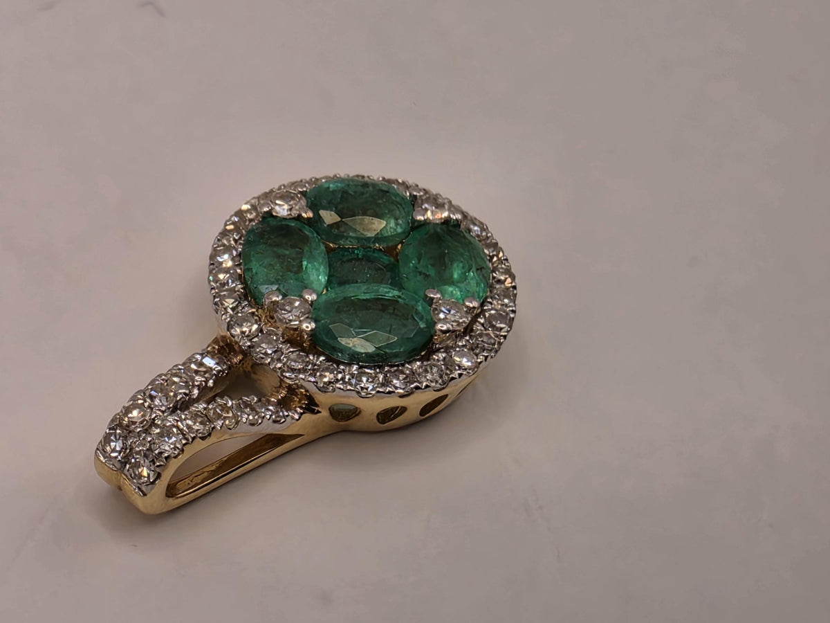 14K Yellow Gold Natural Emerald Cluster Pendant, Lab-Grown Diamond Halo, 1.4g Fine Jewelry Charm