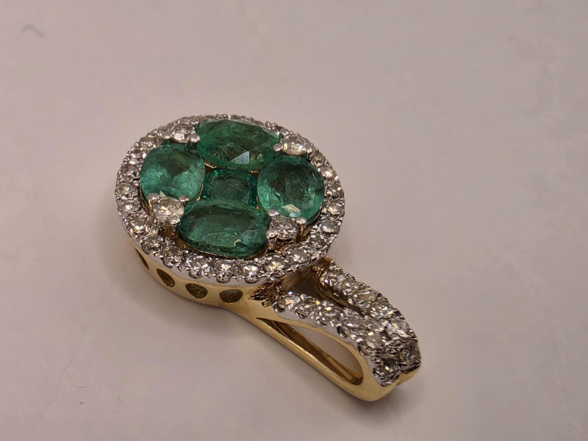 14K Yellow Gold Natural Emerald Cluster Pendant, Lab-Grown Diamond Halo, 1.4g Fine Jewelry Charm