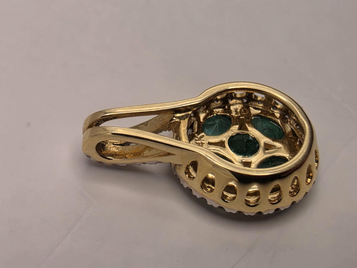 14K Yellow Gold Natural Emerald Cluster Pendant, Lab-Grown Diamond Halo, 1.4g Fine Jewelry Charm