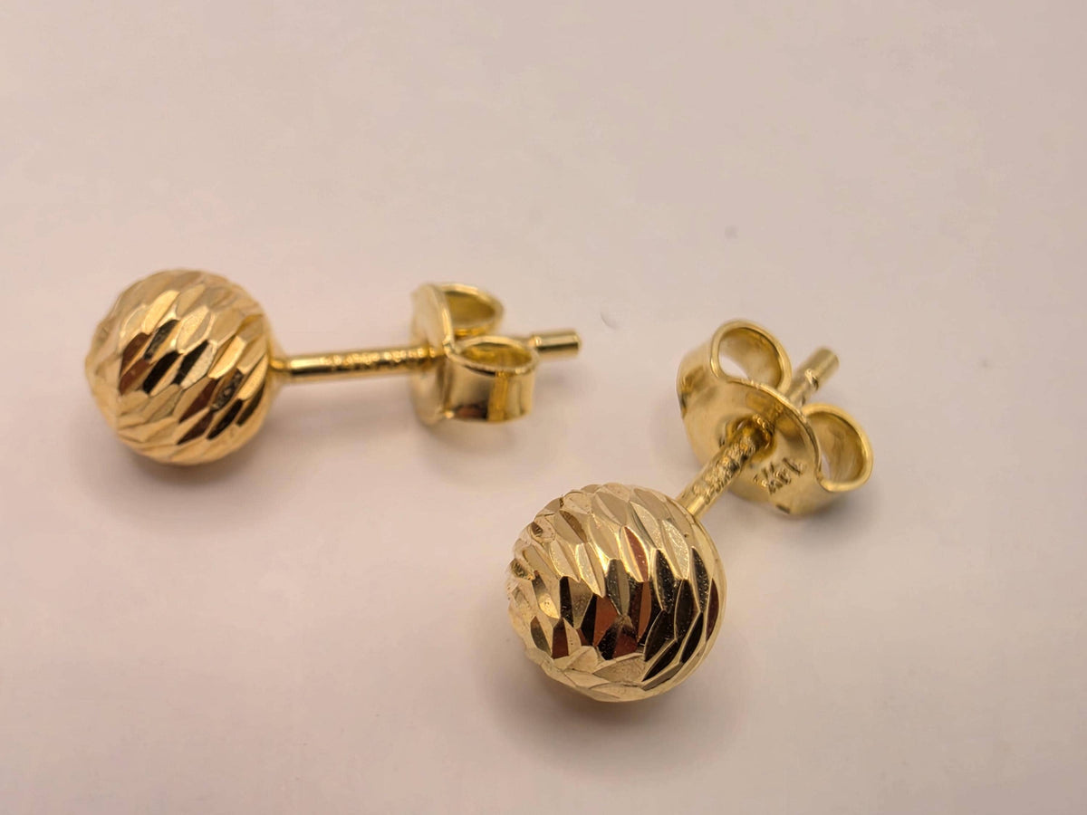 14K Yellow Gold Diamond-Cut Ball Stud Earrings, 0.25 Inch, 1.1g Textured Fine Jewelry