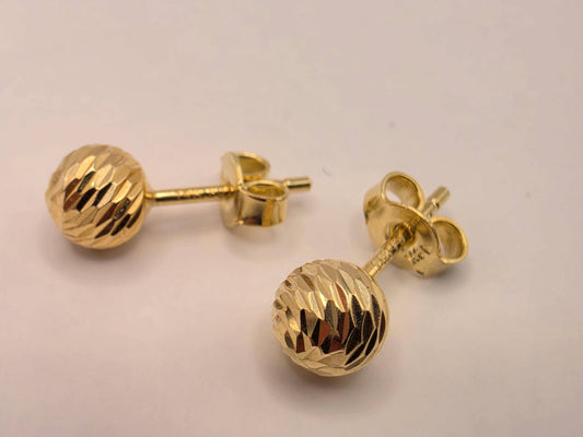 14K Yellow Gold Diamond-Cut Ball Stud Earrings, 0.25 Inch, 1.1g Textured Fine Jewelry