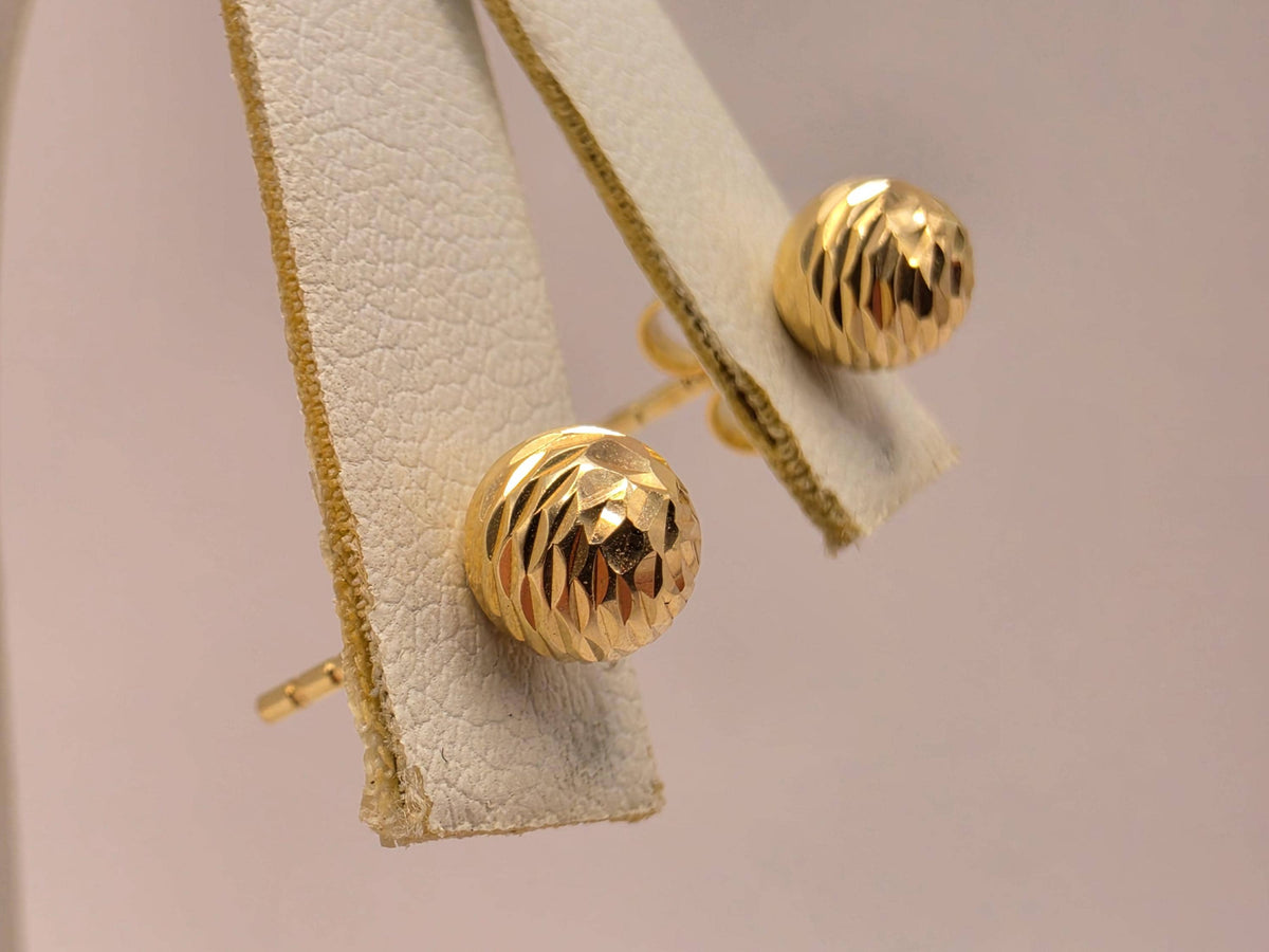 14K Yellow Gold Diamond-Cut Ball Stud Earrings, 0.25 Inch, 1.1g Textured Fine Jewelry