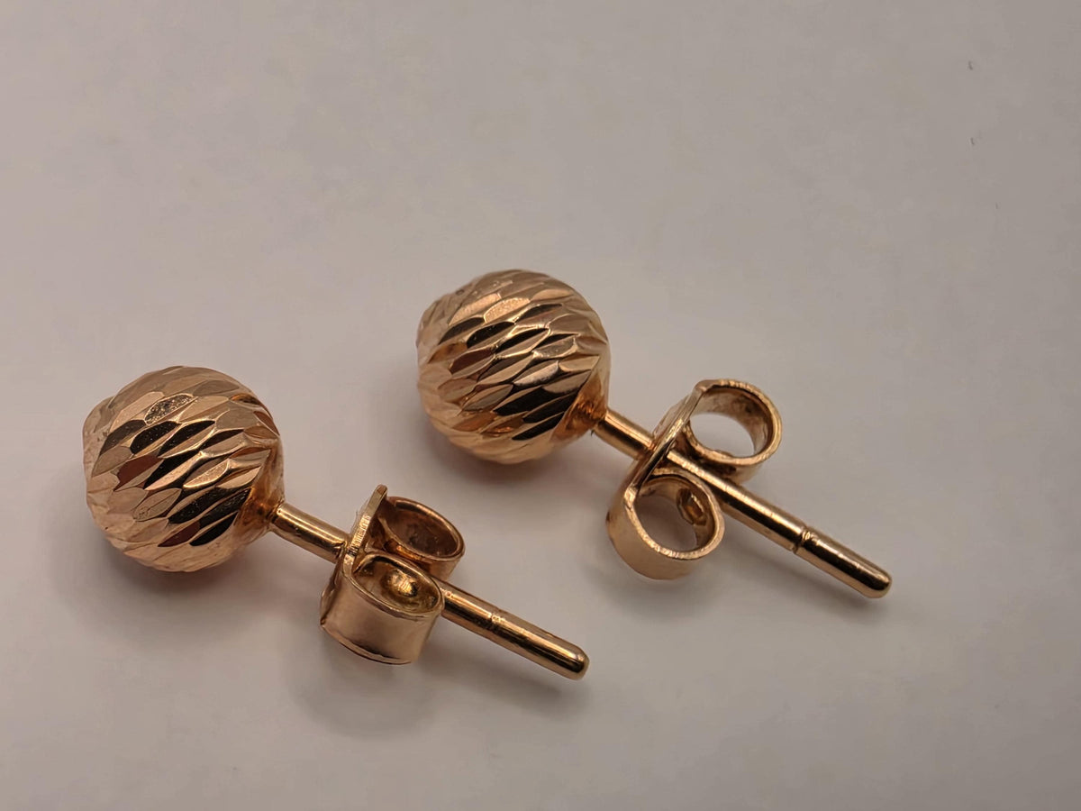 14K Rose Gold Diamond-Cut Ball Stud Earrings, 0.25 Inch, 1.0g Textured Fine Jewelry