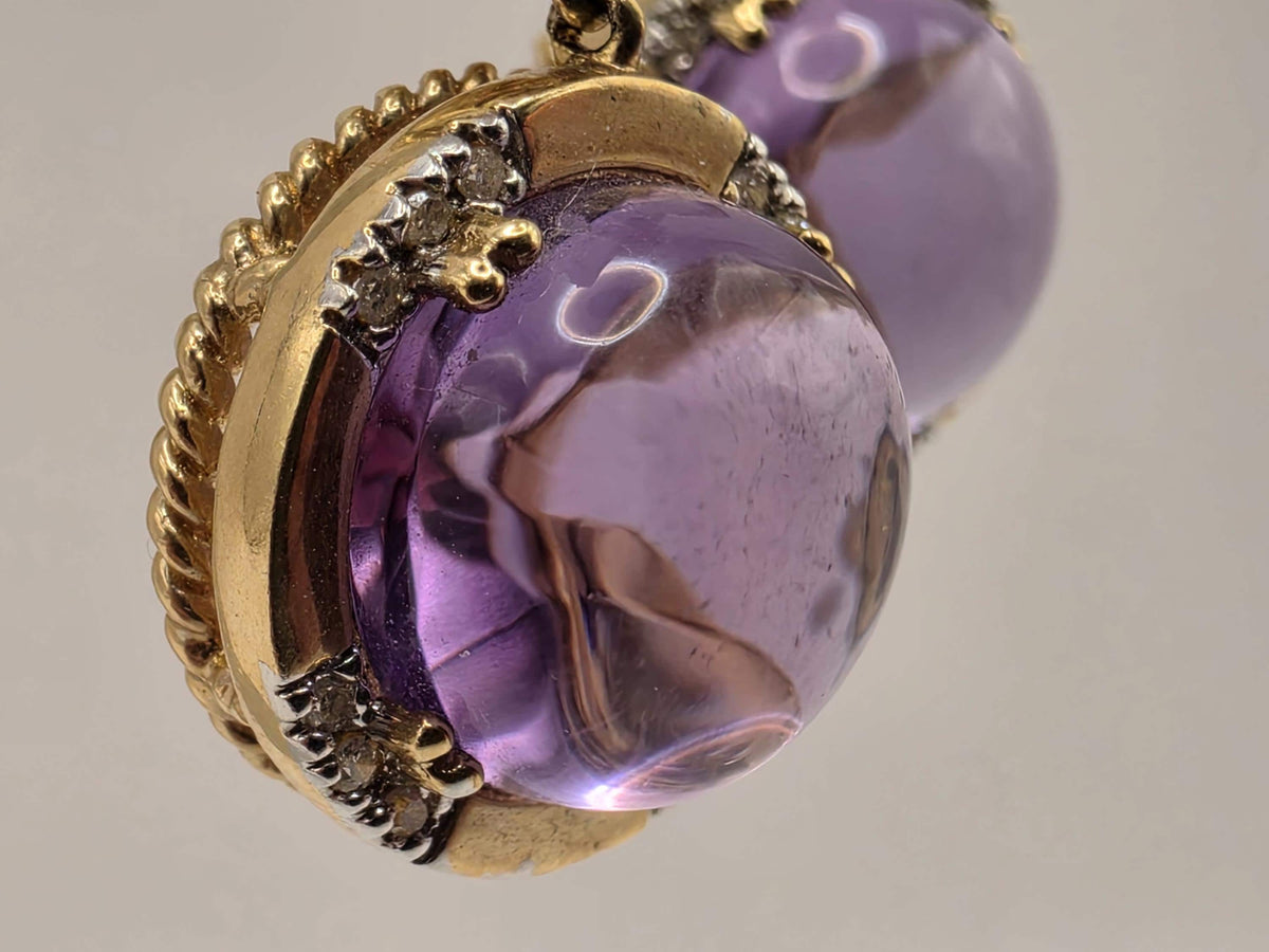 14K Yellow Gold 10.16 CT Amethyst Drop Earrings, Diamond Accents, 7.9g Estate Fine Jewelry