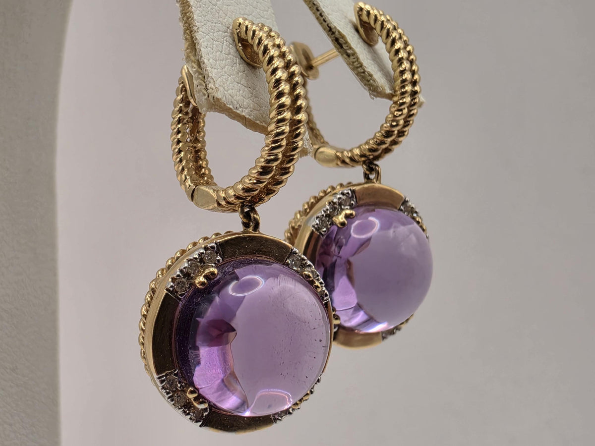 14K Yellow Gold 10.16 CT Amethyst Drop Earrings, Diamond Accents, 7.9g Estate Fine Jewelry