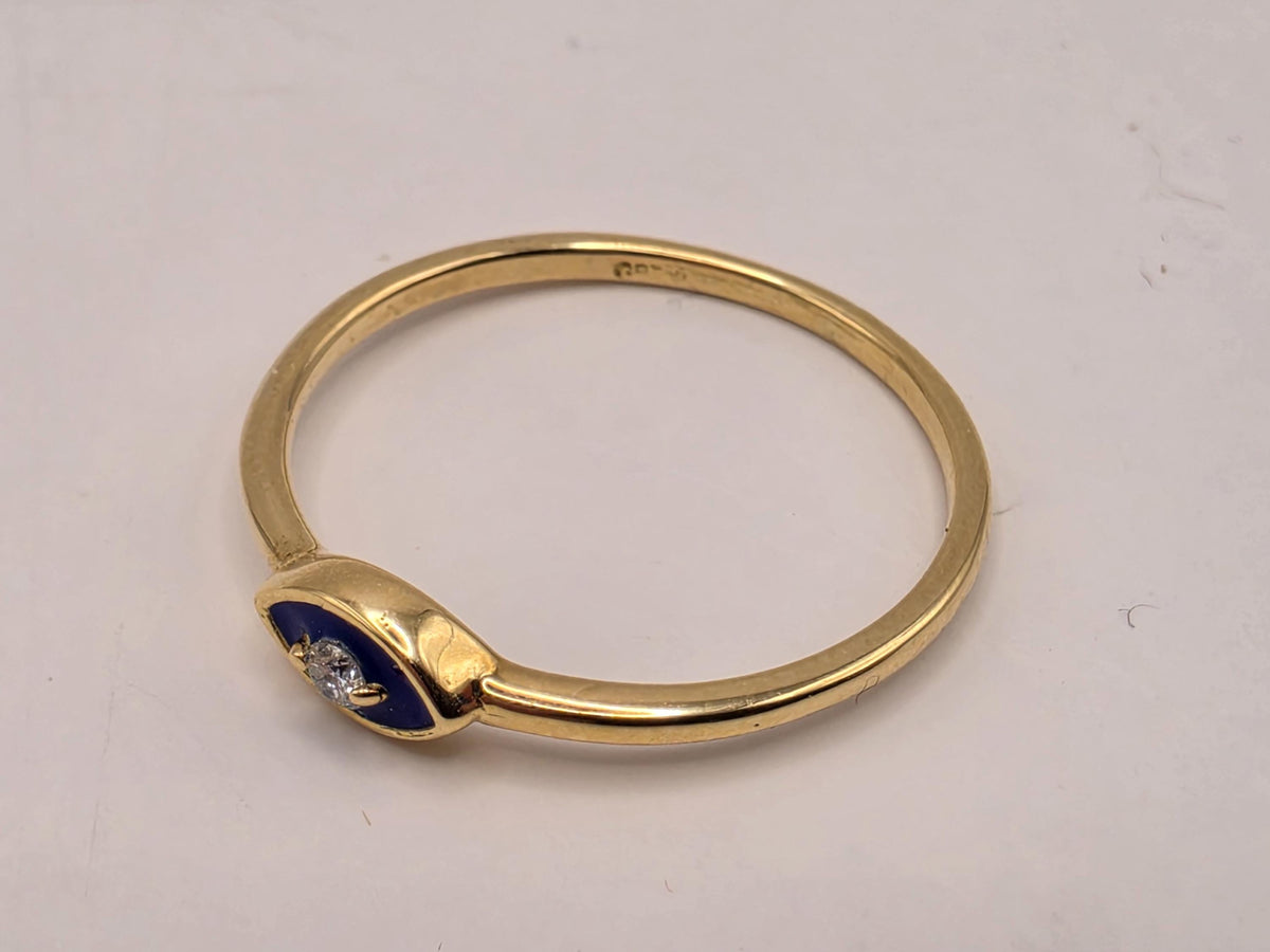 18K Yellow Gold Blue Enamel Evil Eye Ring, Lab-Grown Diamond Accents, Size 7, 1.5g Fine Jewelry