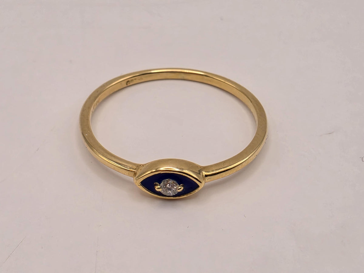 18K Yellow Gold Blue Enamel Evil Eye Ring, Lab-Grown Diamond Accents, Size 7, 1.5g Fine Jewelry