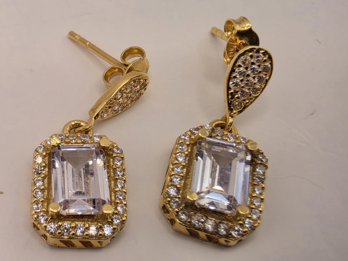 18K Yellow Gold Emerald-Cut Clear Stone Drop Earrings, Lab-Grown Diamond Halo, 3.6g Fine Jewelry