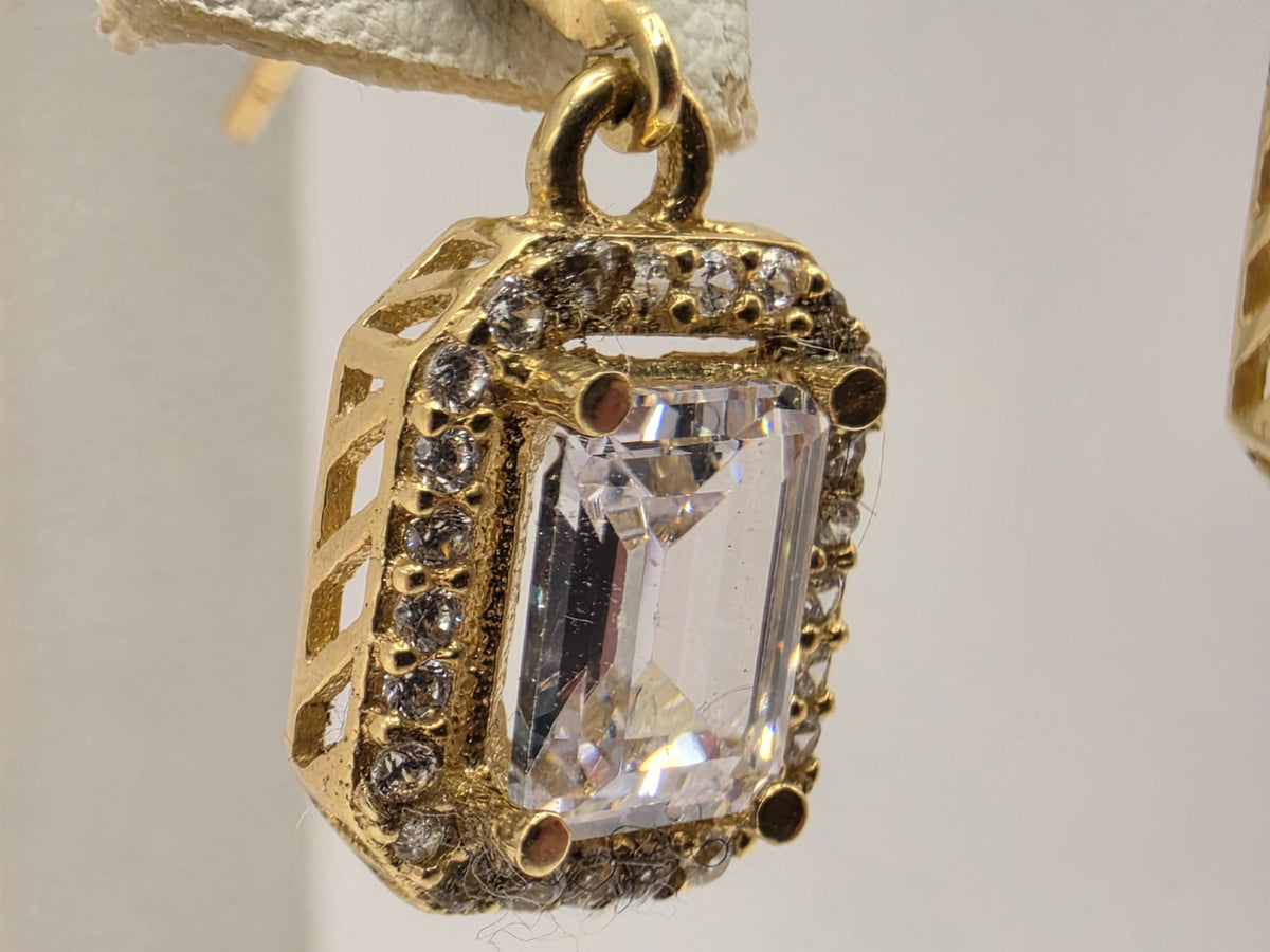 18K Yellow Gold Emerald-Cut Clear Stone Drop Earrings, Lab-Grown Diamond Halo, 3.6g Fine Jewelry