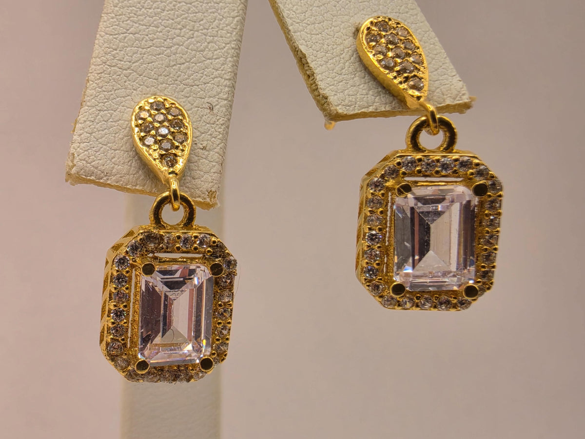 18K Yellow Gold Emerald-Cut Clear Stone Drop Earrings, Lab-Grown Diamond Halo, 3.6g Fine Jewelry