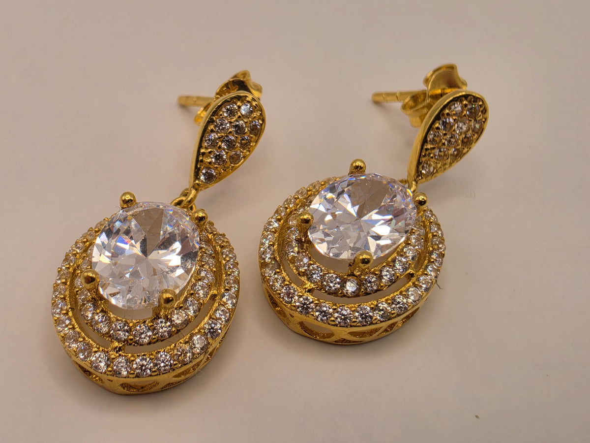 18K Yellow Gold Oval Clear Stone Drop Earrings, Lab-Grown Diamond Double Halo, 4.3g Fine Jewelry