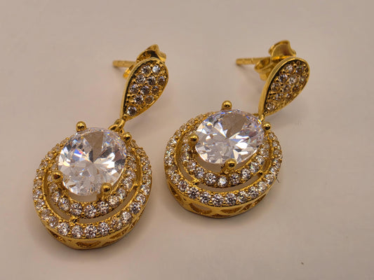 18K Yellow Gold Oval Clear Stone Drop Earrings, Lab-Grown Diamond Double Halo, 4.3g Fine Jewelry