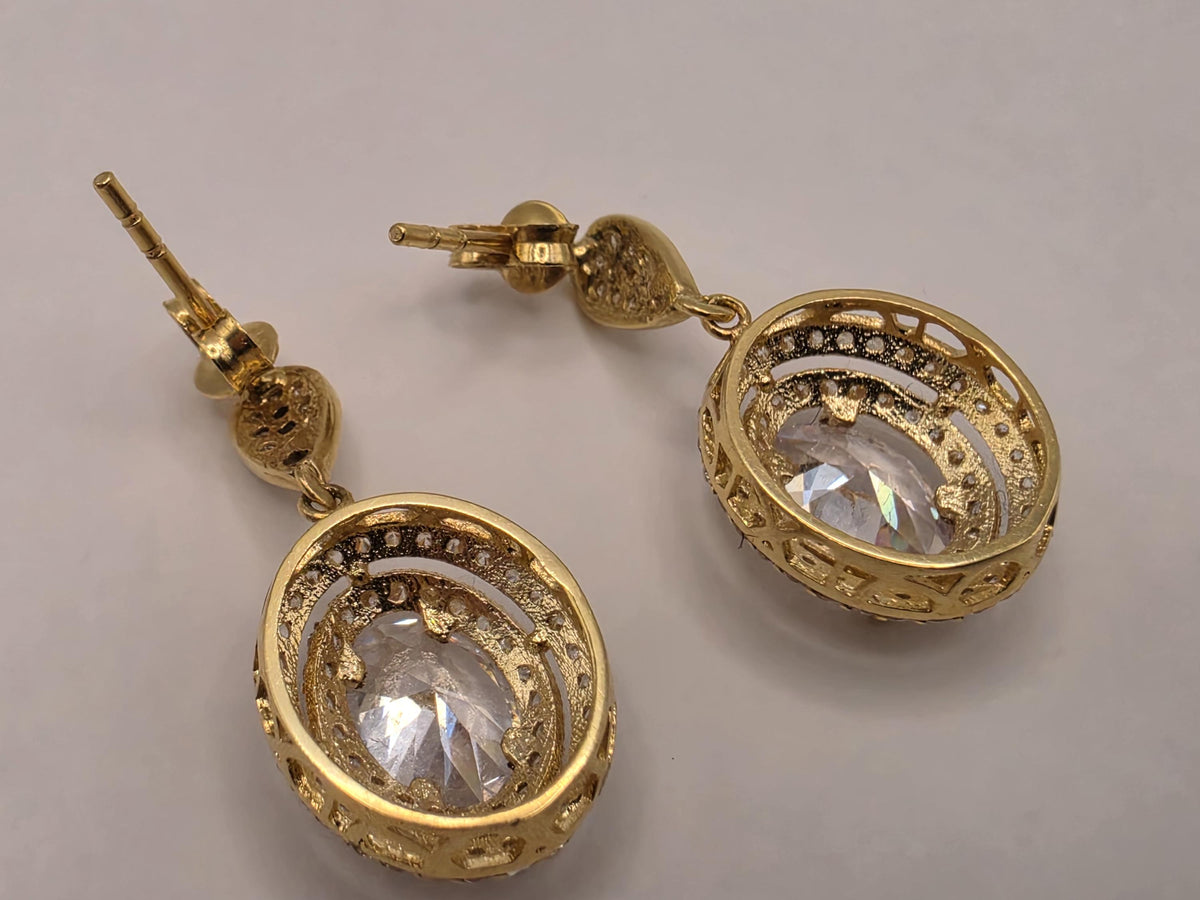18K Yellow Gold Oval Clear Stone Drop Earrings, Lab-Grown Diamond Double Halo, 4.3g Fine Jewelry