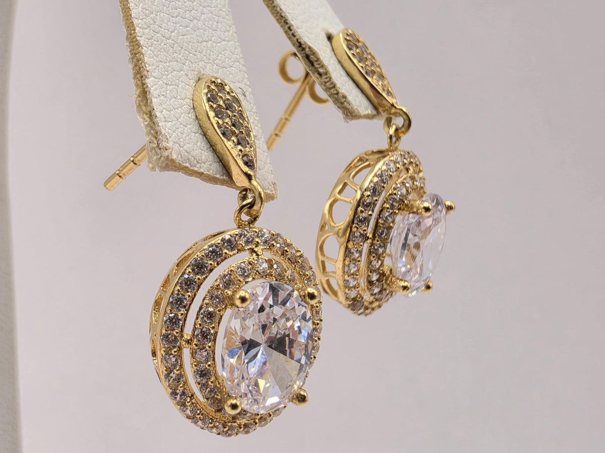 18K Yellow Gold Oval Clear Stone Drop Earrings, Lab-Grown Diamond Double Halo, 4.3g Fine Jewelry