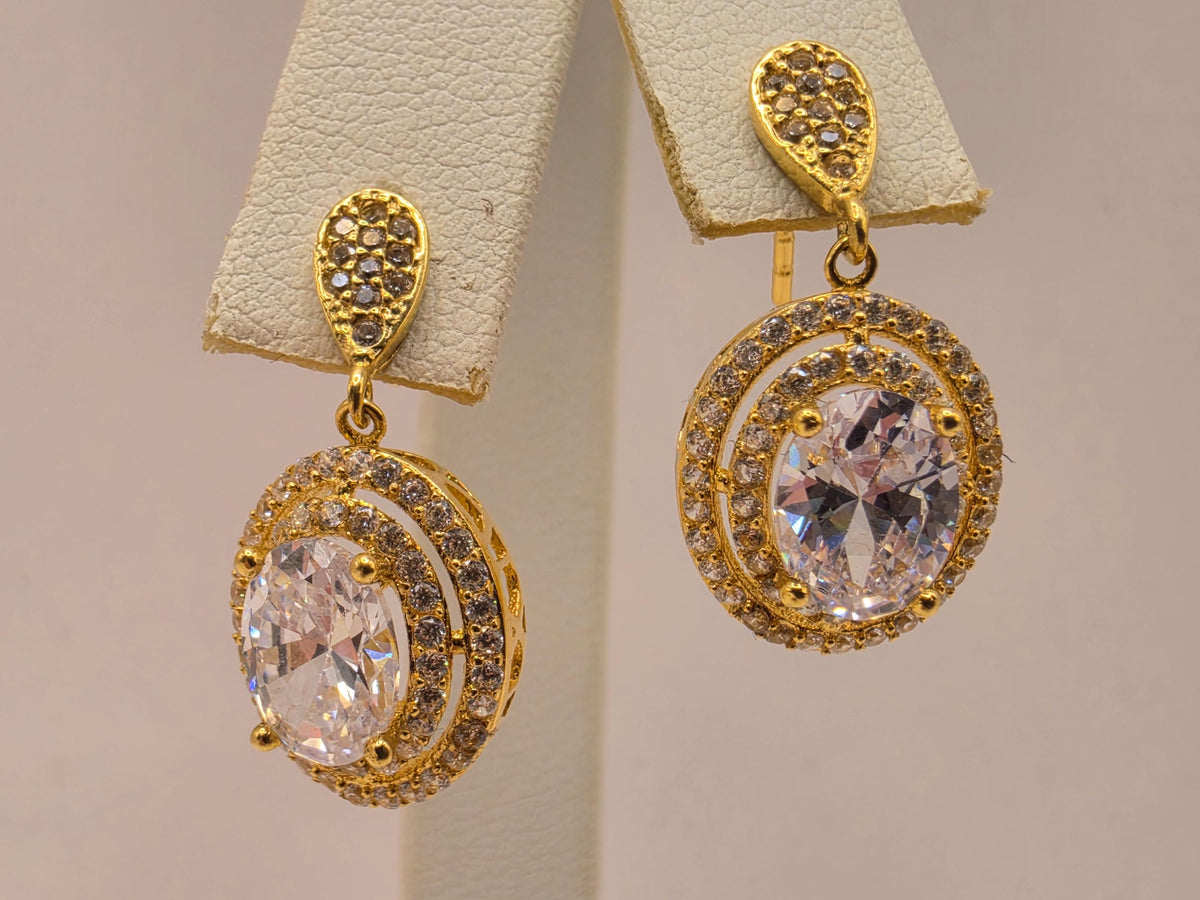 18K Yellow Gold Oval Clear Stone Drop Earrings, Lab-Grown Diamond Double Halo, 4.3g Fine Jewelry