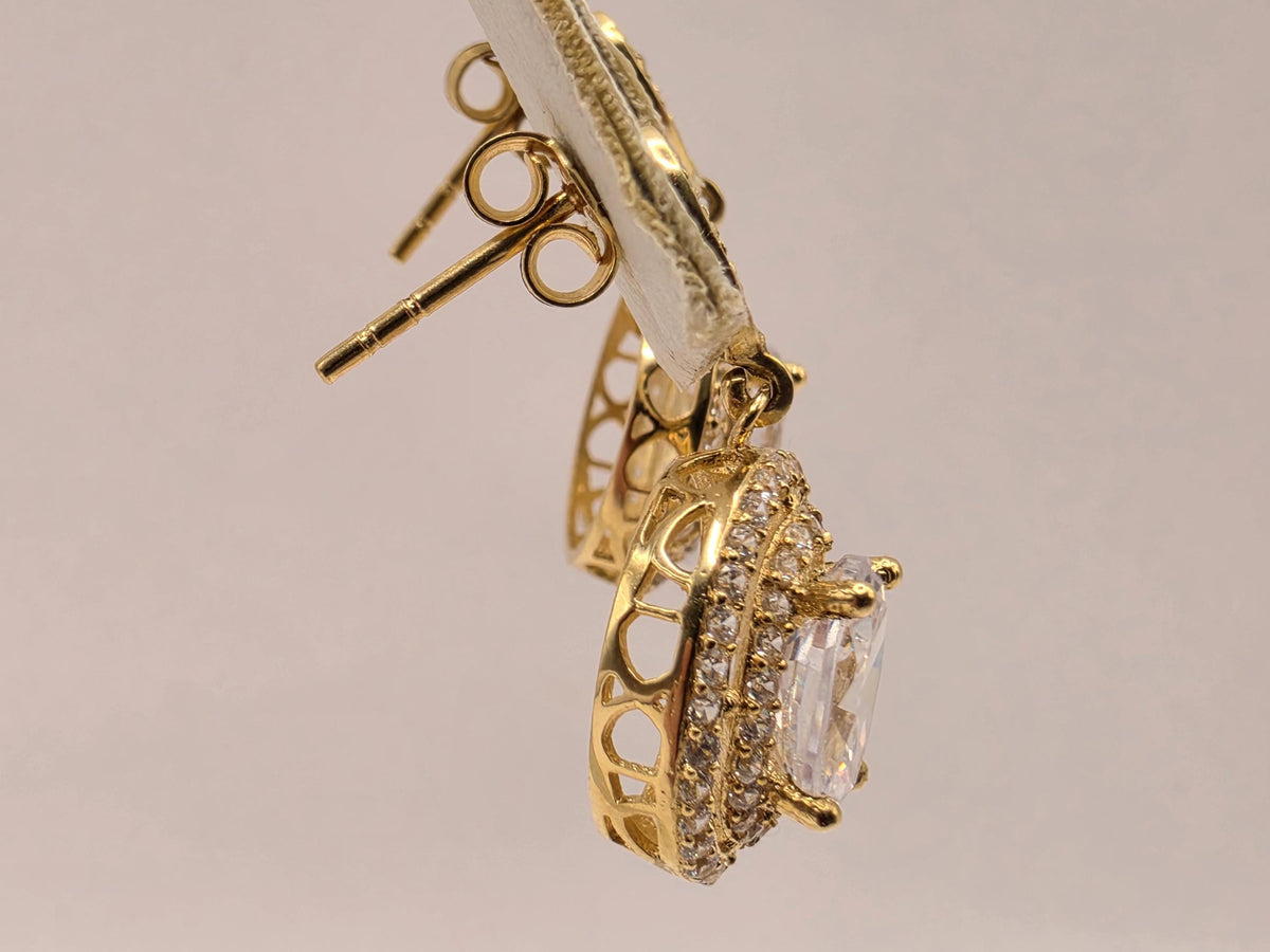 18K Yellow Gold Oval Clear Stone Drop Earrings, Lab-Grown Diamond Double Halo, 4.3g Fine Jewelry