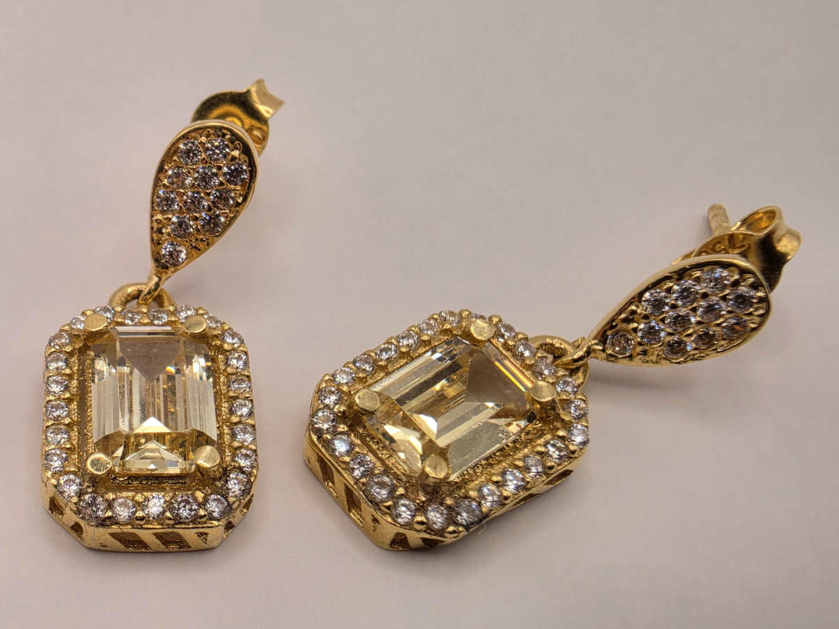 18K Yellow Gold Yellow Sapphire Drop Earrings, Lab-Grown Diamond Halo, 3.6g Fine Jewelry