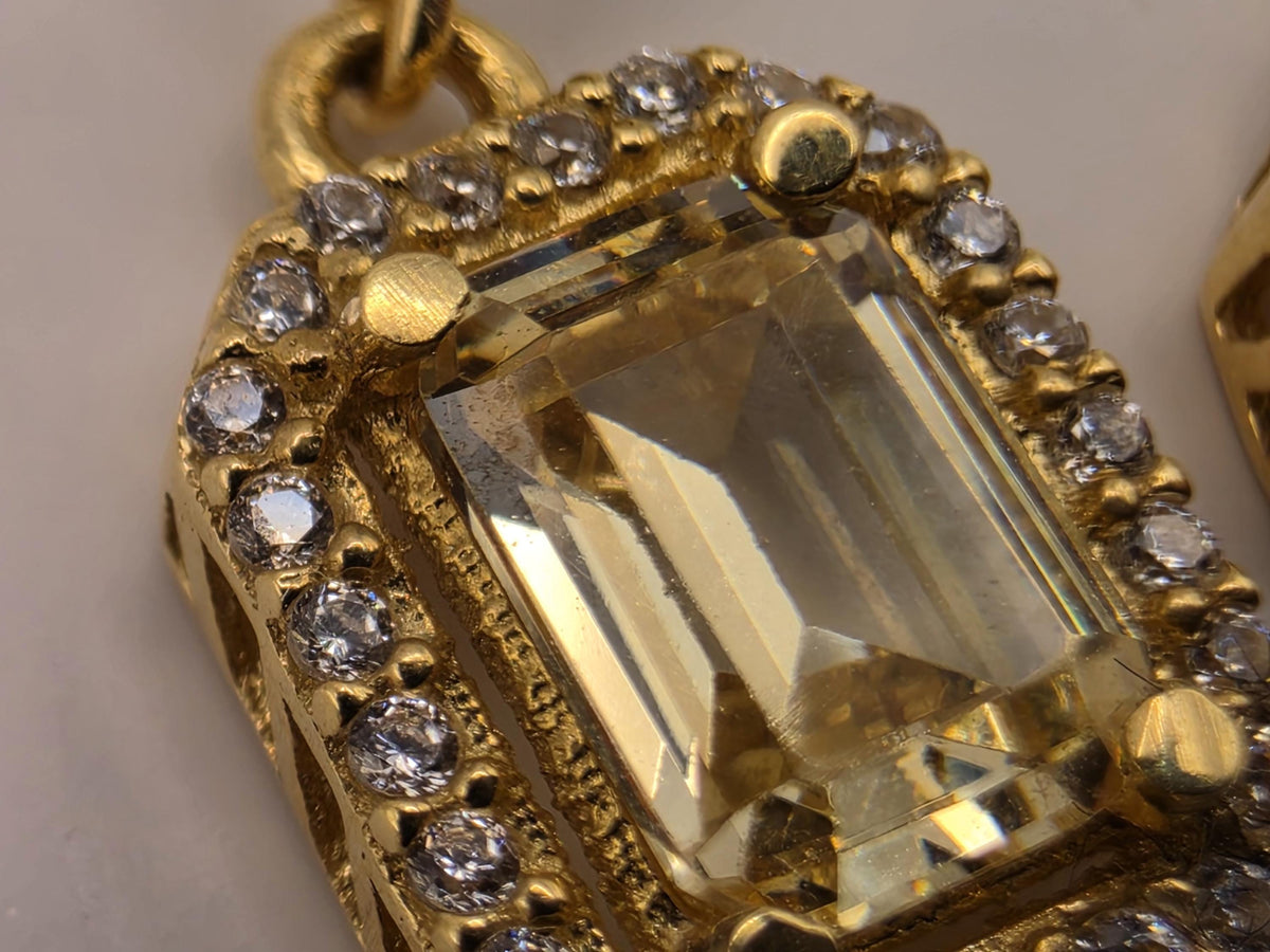 18K Yellow Gold Yellow Sapphire Drop Earrings, Lab-Grown Diamond Halo, 3.6g Fine Jewelry