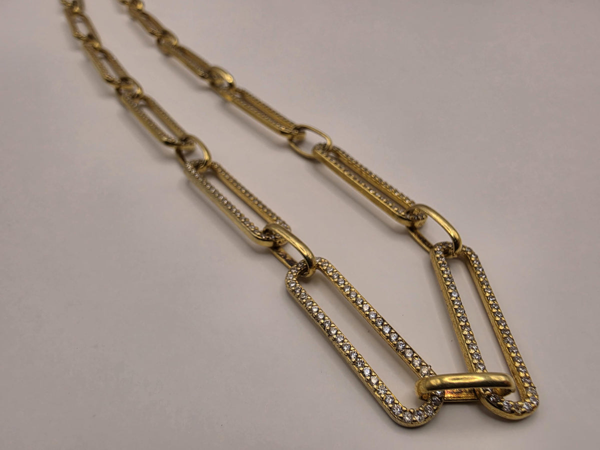 Gold Plated Sterling Silver CZ Paperclip Necklace | 20 Inch Geometric Link Chain