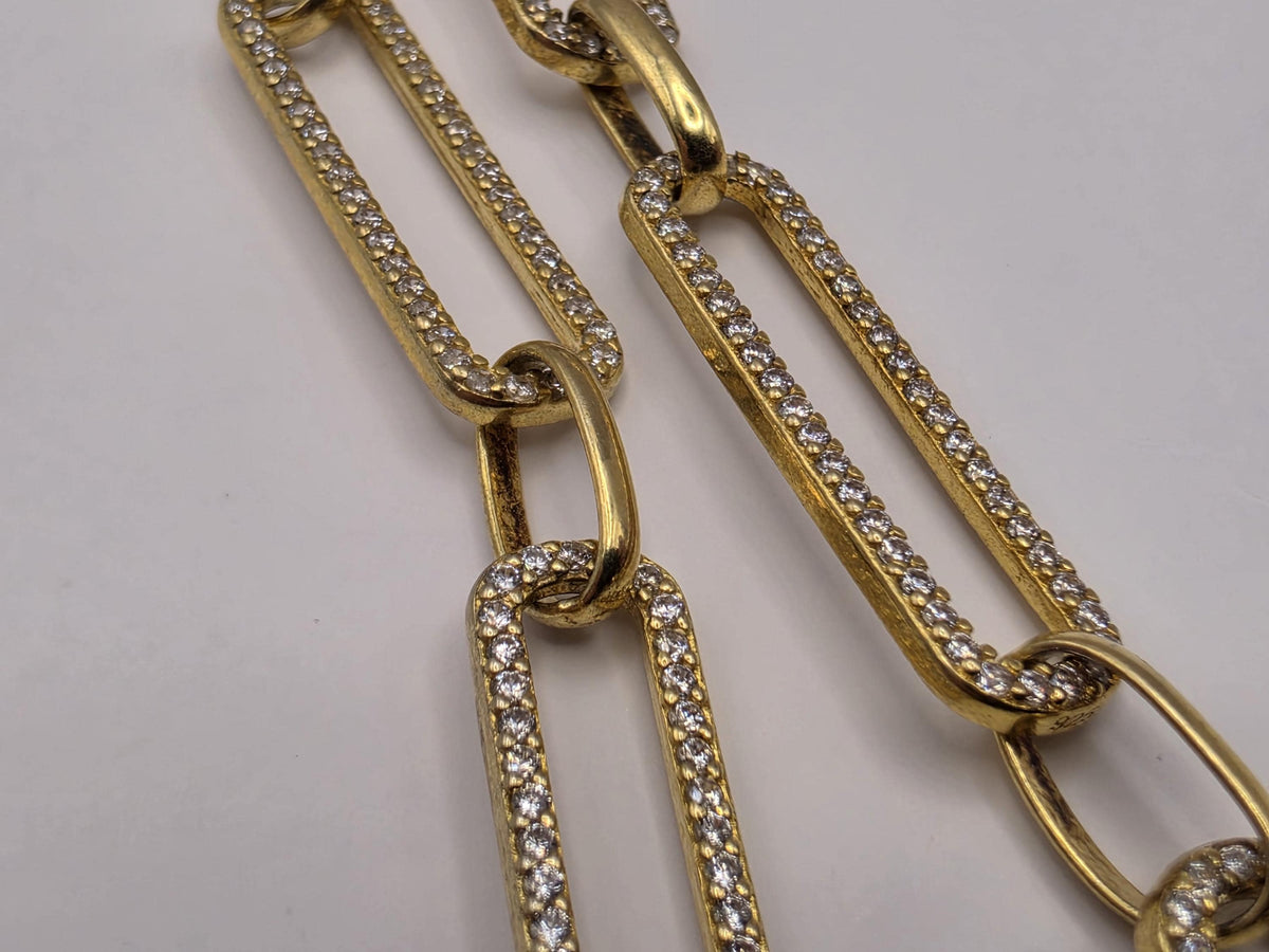 Gold Plated Sterling Silver CZ Paperclip Necklace | 20 Inch Geometric Link Chain