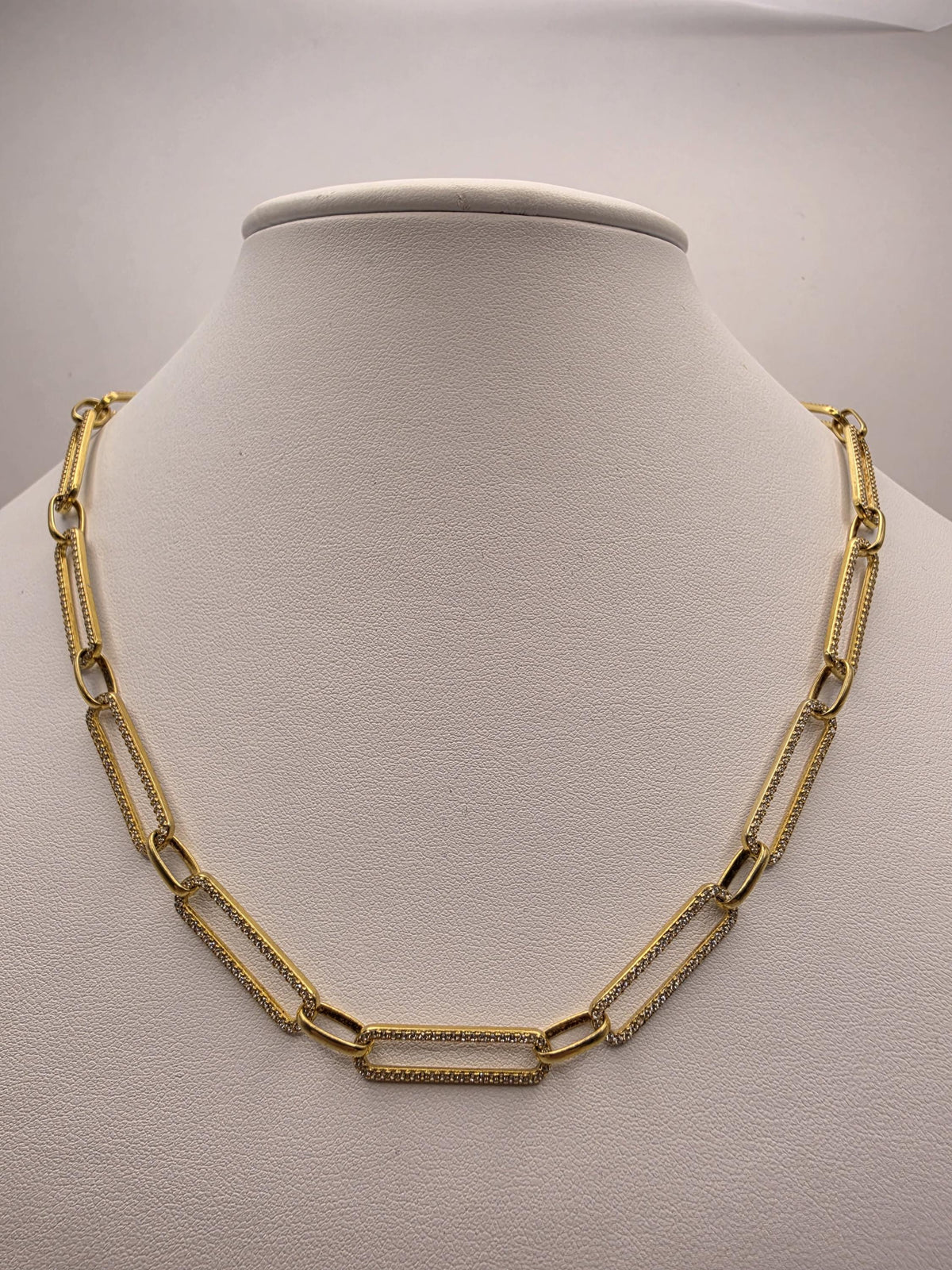 Gold Plated Sterling Silver CZ Paperclip Necklace | 20 Inch Geometric Link Chain