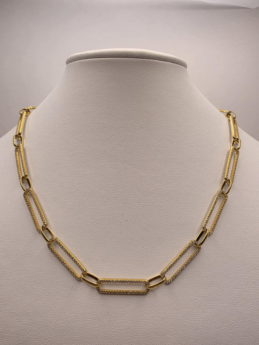 Gold Plated Sterling Silver CZ Paperclip Necklace | 20 Inch Geometric Link Chain