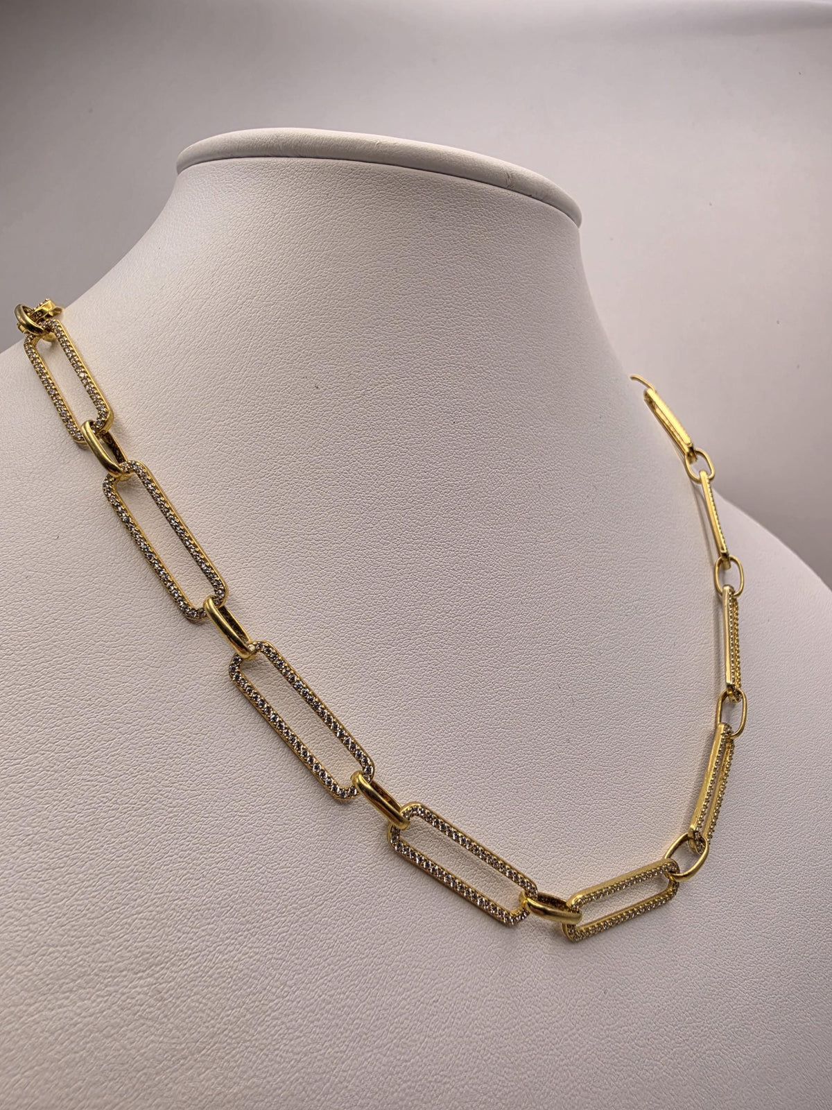 Gold Plated Sterling Silver CZ Paperclip Necklace | 20 Inch Geometric Link Chain