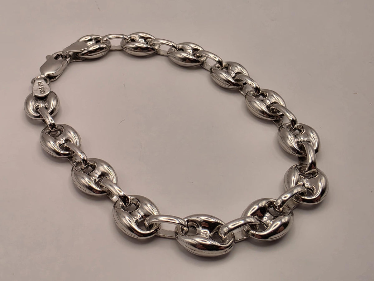 Sterling Silver Puff Mariner Bracelet | 8 Inch Coffee Bean Link Chain