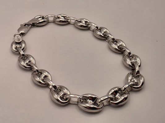 Sterling Silver Puff Mariner Bracelet | 8 Inch Coffee Bean Link Chain