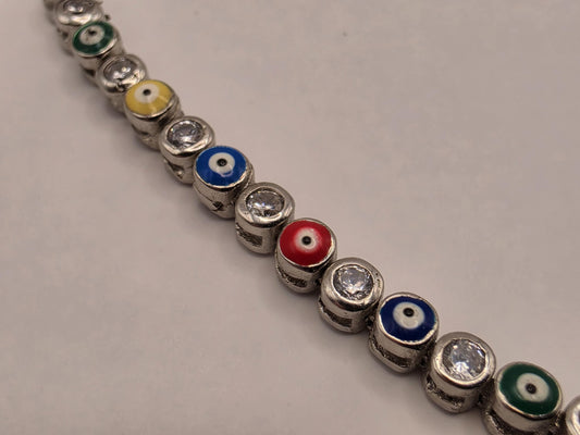 Sterling Silver Multicolor Evil Eye Anklet | Adjustable CZ Tennis Chain