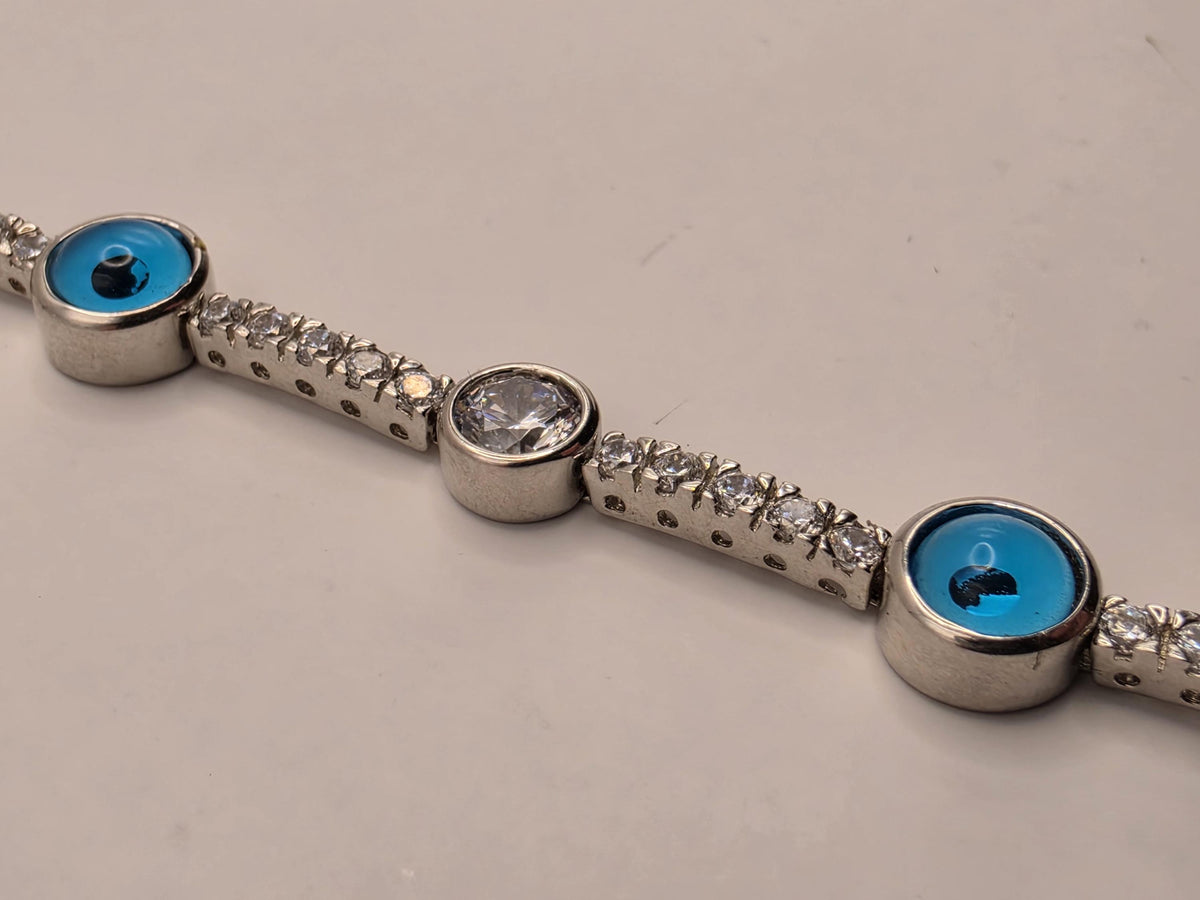 Sterling Silver Blue Evil Eye Bracelet | Clear CZ Tennis Link, 7.5 Inch