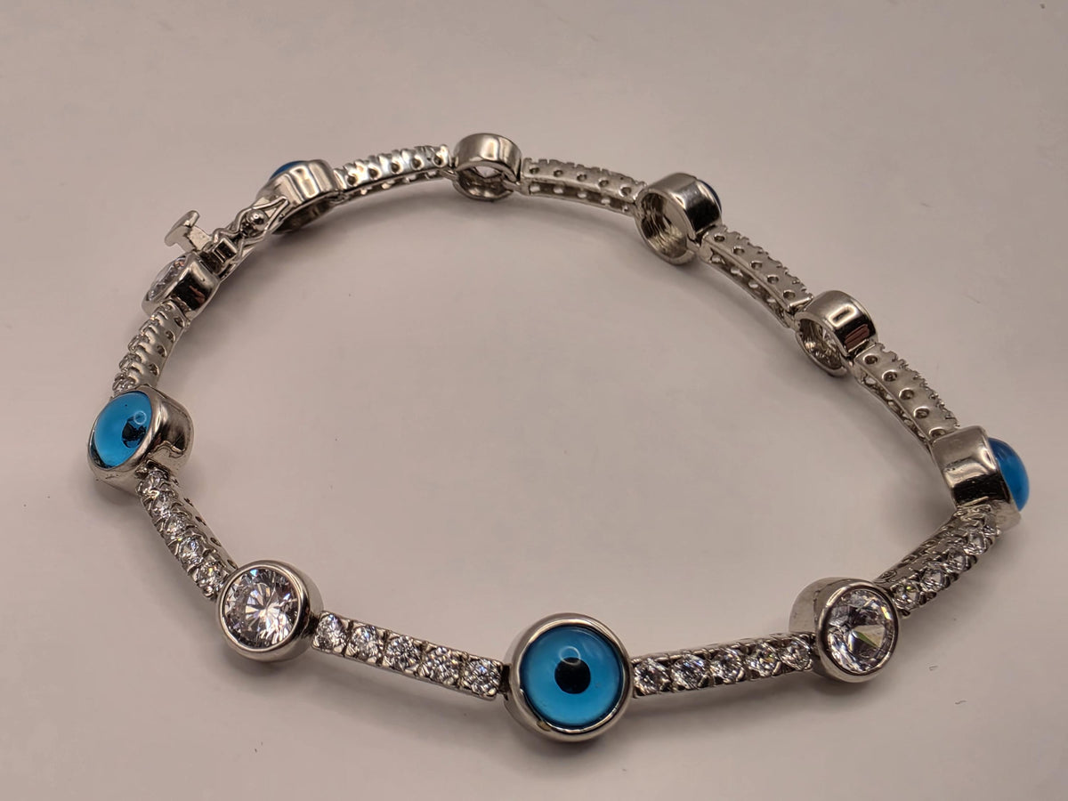 Sterling Silver Blue Evil Eye Bracelet | Clear CZ Tennis Link, 7.5 Inch