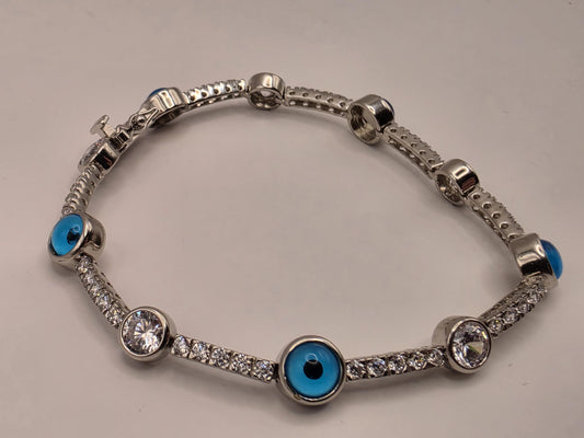 Sterling Silver Blue Evil Eye Bracelet | Clear CZ Tennis Link, 7.5 Inch