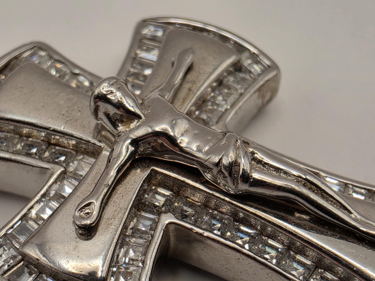 Sterling Silver CZ Crucifix Cross Pendant | Baguette Border Layered Design